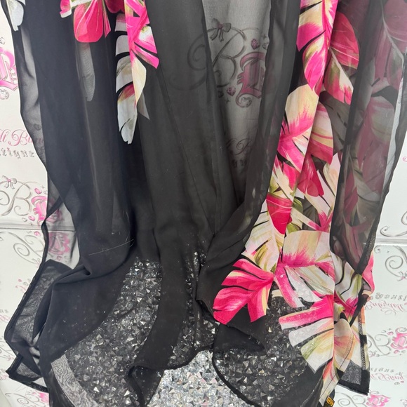 La Vie En Rose Aqua robe cardigan sheer coverup Kimono with Black Trim - Picture 3 of 11